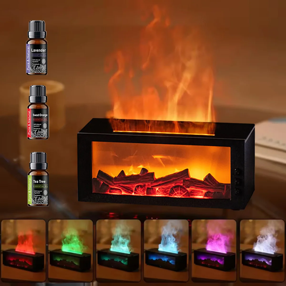 Difusor y humidificador de aroma de llama para chimenea, gran capacidad de 500 ml con efecto de llama 3D realista, control remoto, diseño de grano de madera