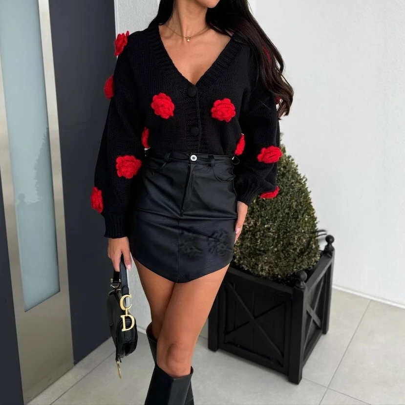 Cardigan Women Sweaters Knitted Floral V Neck Full Sleeve Jumpers Y2k Streetwear Elegant Floral Knit Open Stith Autumn Winter