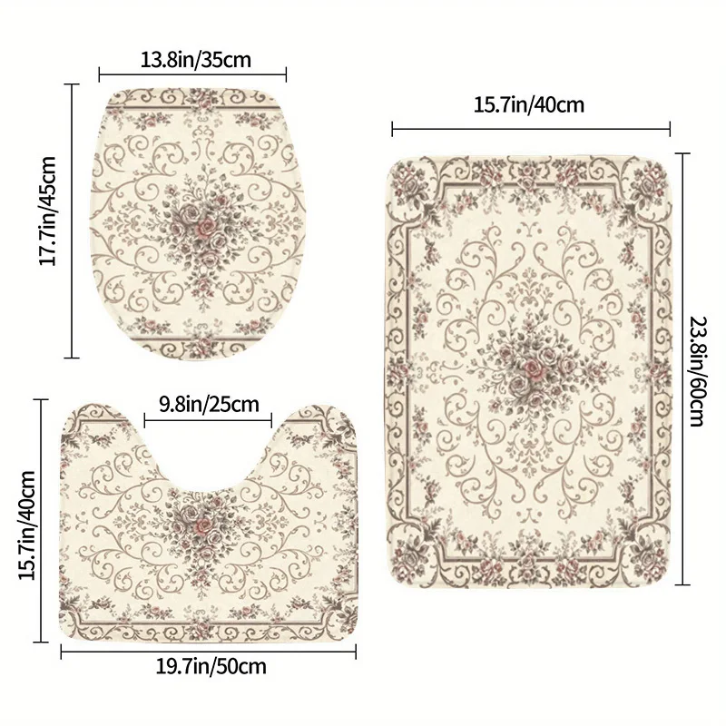 

Beige Vintage Floral Bathroom Rug Set 3 Piece Non Slip Soft Bath Mat Toilet Seat Cover U Shaped Rug Home Decor