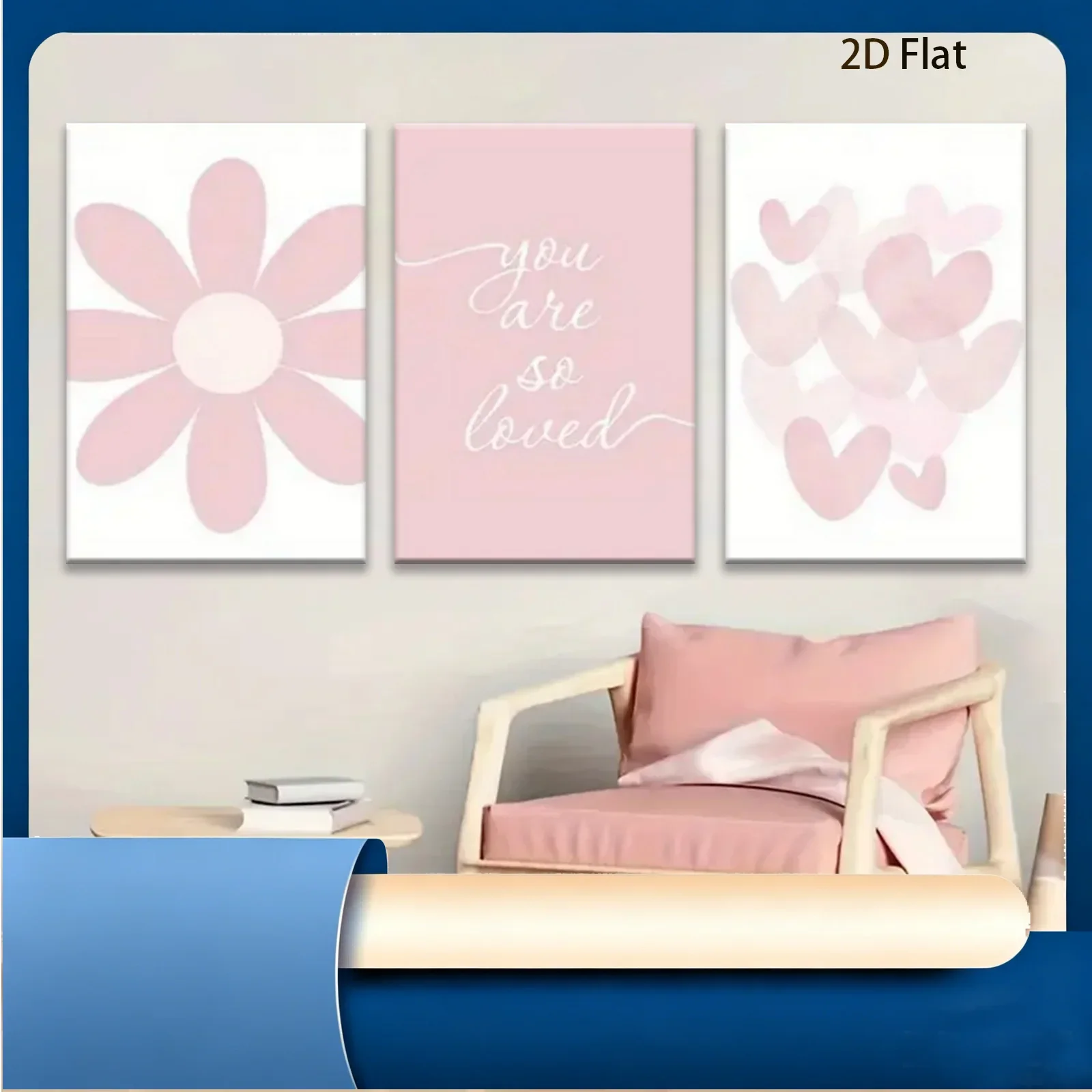 Frameless 2D Flat, 3pcs 3pcs Canvas Poster - Pink Flower Paintings & Heart-Shaped Wall Suitable for Indoor/Outdoor Decoration