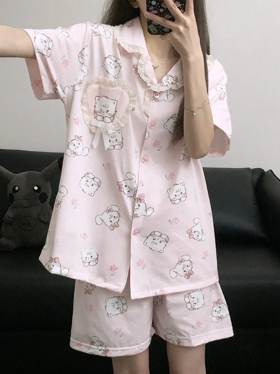 Pink  Mikko Pure Cotton Pajamas Women's Summer New Short Sleeve Short Pants Cartoon Cute Student Home Clothes Set