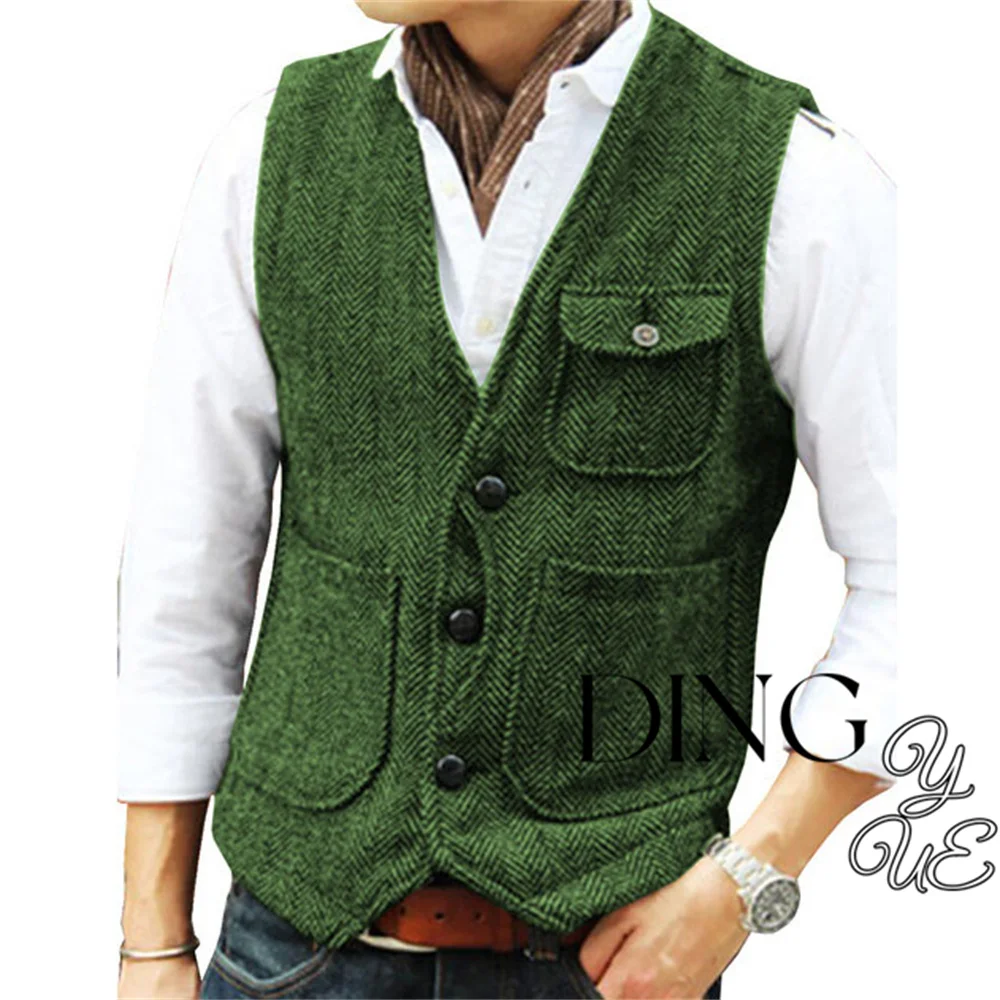 Herringbone Men\'s Suit Vest V Neck 3 buttons Woolen Mens Vests Waistcoat Jacket 3 Pockets Casual Formal Business chaleco hombre