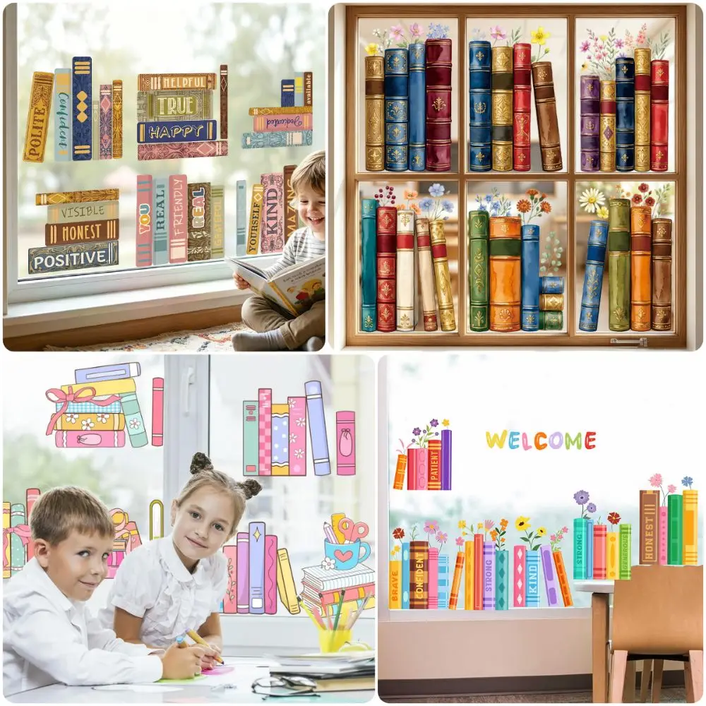 6PCS/Set Multicolor Bookshelf Window Stickers Cartoon Books Static Cling Glass Decals No Residue Removable