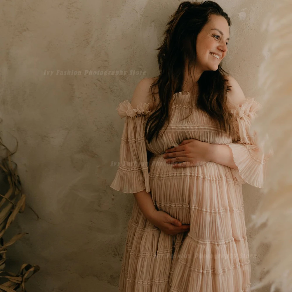 Maternity Photography Boho Pregnant Dresses Sides Slit With Strapless Pleated Chiffon Bohemian Photo Shooting Pregnancy Dress