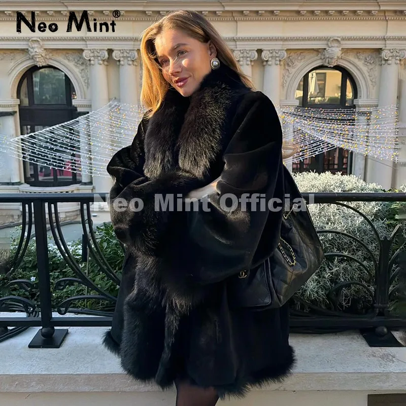 Neo Mint Vintage Fashion Fur Trim Collar Faux Mink Fur Coat Women Winter Luxury Warm Shearling Jacket Classic Overcoat Outerwear