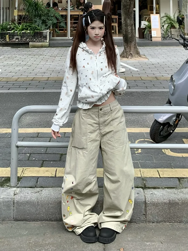 

Рабочие брюки с мультяшным принтом в американском ретро-стиле, свободные прямые повседневные брюки для мужчин и женщин, осенняя модная коллекция