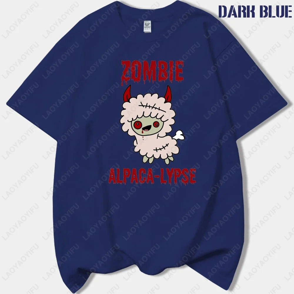 ZOMBIEALPACA-LYPSE Atasan Kaus Cetak Katun Kualitas Tinggi Leher-o Fashion Jalanan Uniseks Klasik Humor Hitam Alpaka Hitam