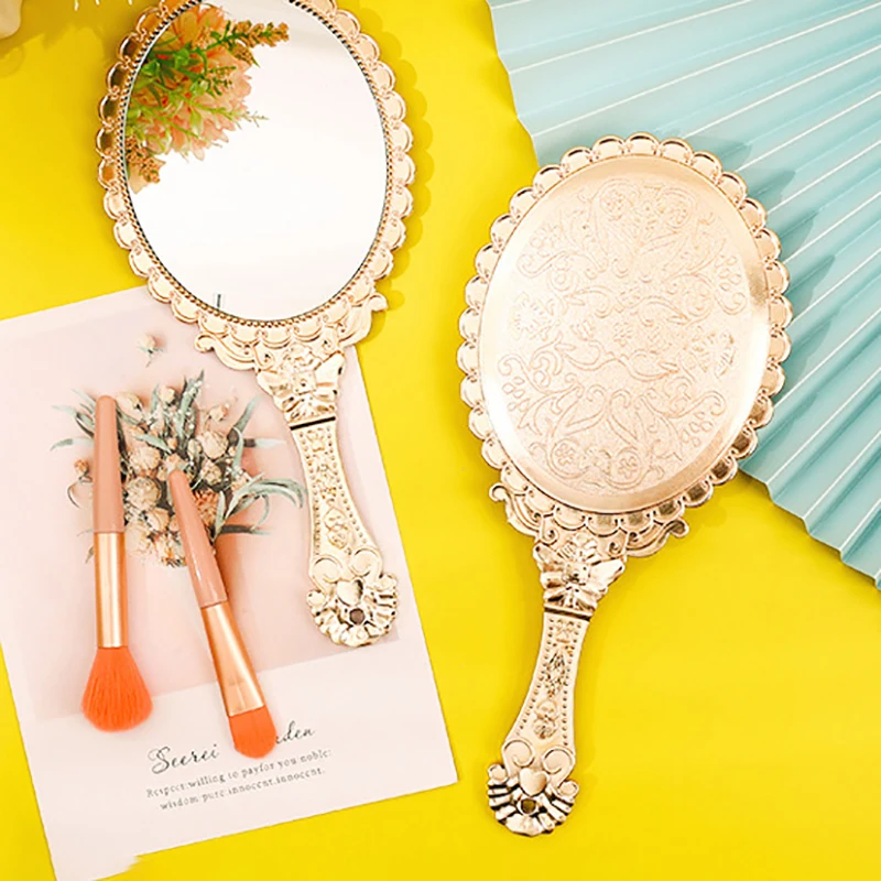 Rose Gold Portable Vintage Makeup Mirror Hand Hold Oval Round Mirror Noble Restore Ancient Ways Court Mirror Beauty Tool