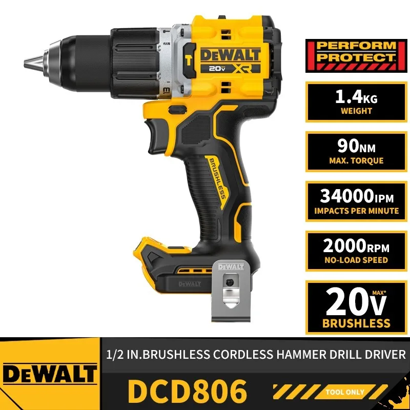 DeWalt DCD806 1/2 дюйма, бесщеточная аккумуляторная ударная дрель, защита от 20 В, литиевые электроинструменты, 2000 об/мин, 90 нм, 34000IPM
