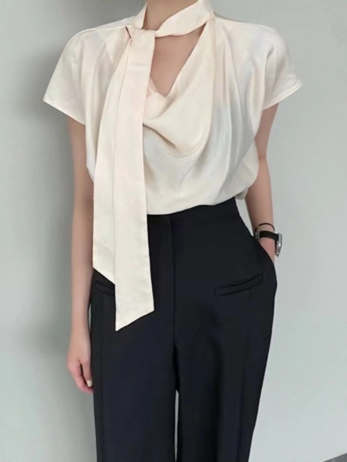 E Csa de Manga Corta con Lazo Asimétrico para Mujer, Estilo Profesional para el Trabajo, Estilo Nuevo de Verano, Cu...
