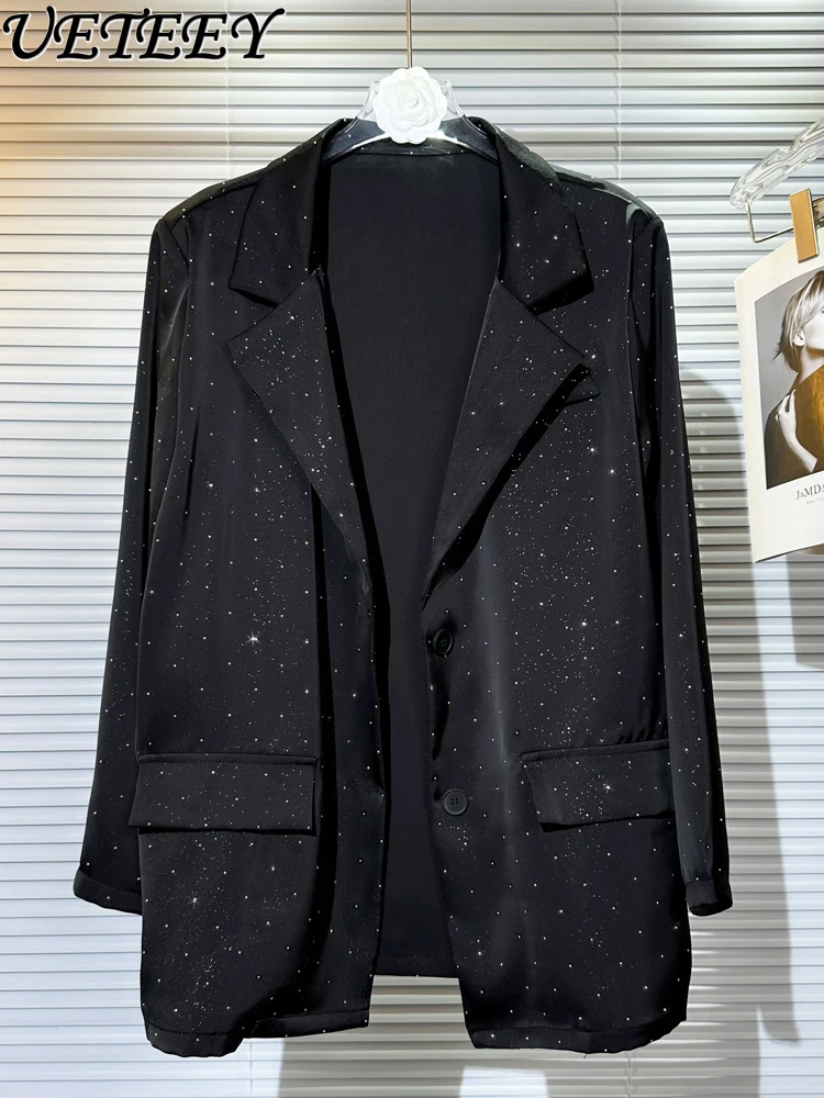 

Starry Shiny Rhinestone Acetate Satin Suit Jacket Women's Spring Autumn Thin Korean Style Black Long Sleeve Blazer Coat