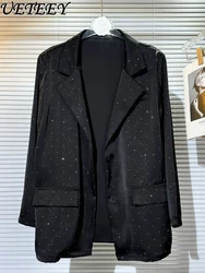 Chaqueta de traje de satén de acetato con diamantes de imitación brillantes estrellados para mujer, chaqueta de manga larga negra fina de estilo coreano para primavera y otoño