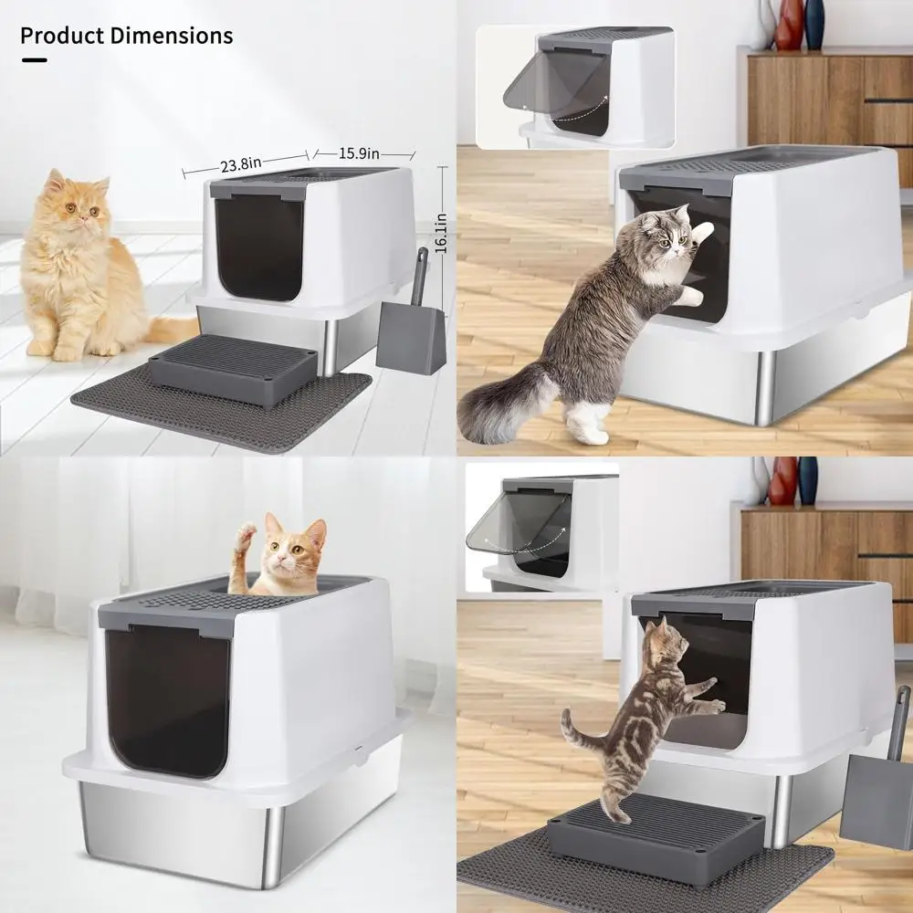 

Серый полузакрытый лоток для кошек из нержавеющей стали с приподнятыми бортиками для контроля запаха и предотвращения протечек, подходит для кошек малого и большого размера.