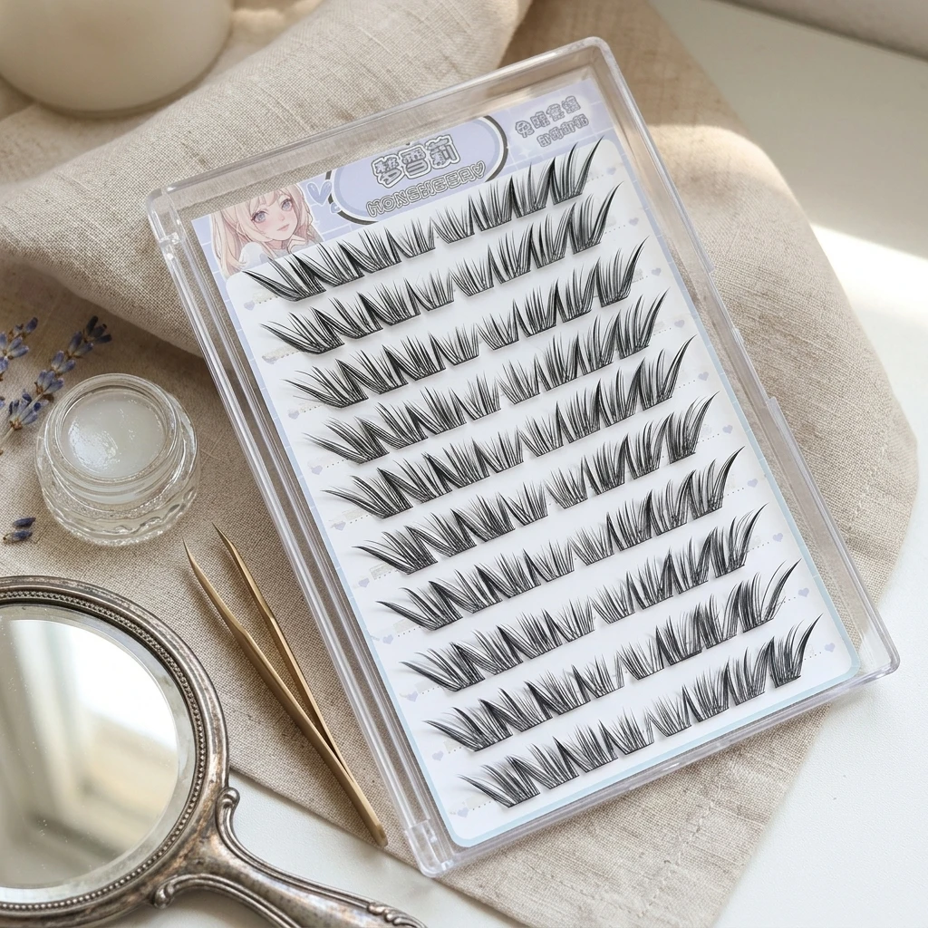10 Rows Fox-tail Wispy False Eyelashes No Glues Needed Manga Lashes Curl 10-14mm Length Lightweight Fluffy Eyelash Extension