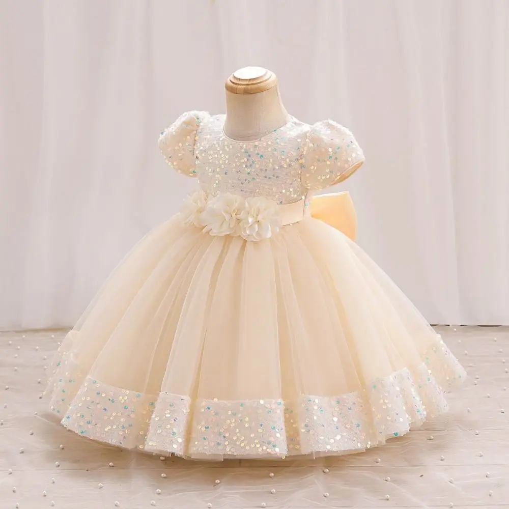 

Puff Sleeve Girls Princess Evening Dress Bowknot Flower Summer Lace Dress Shiny Glitter Sweet Children Tulle Dress Birthday