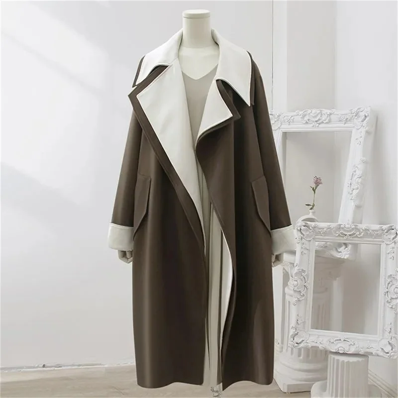 

High Quality Long Windbreaker 2023 Spring Autumn New Women's Contrast Double Layer Collar Loose and Slim Fashion Trench Coat Bel