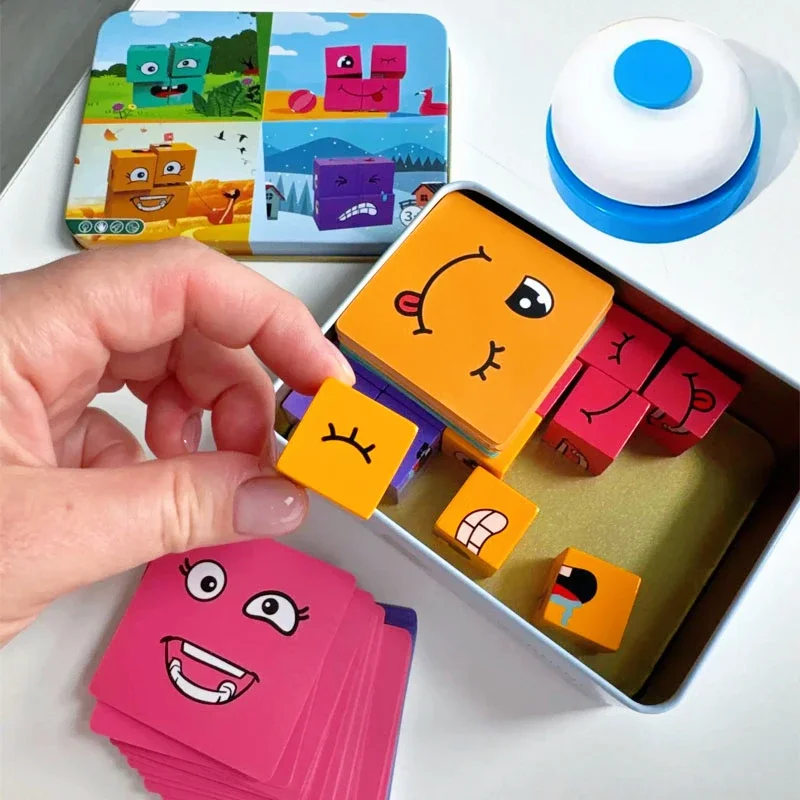 Würfel-Baustein-Brettspiel mit Gesichtserkennung, Holzpuzzle, Montessori-Gesichtsausdruck, Holzbaustein für Kinder
