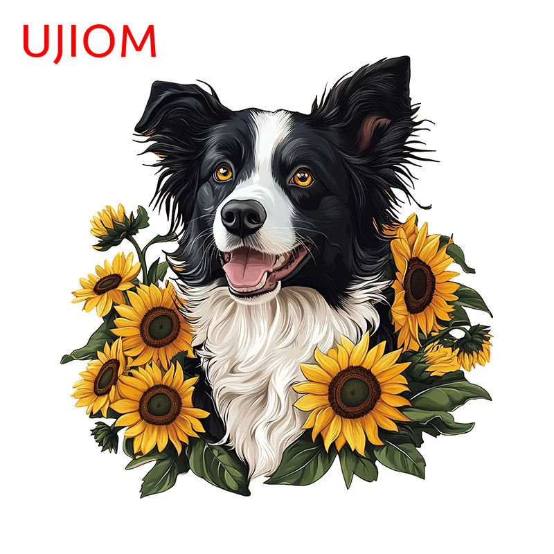 UJIOM Cute Puppy Border Collie Wall Decals Amuisng Dog With Flowers Graphics Decal Waterproof Room Decoration Accessories