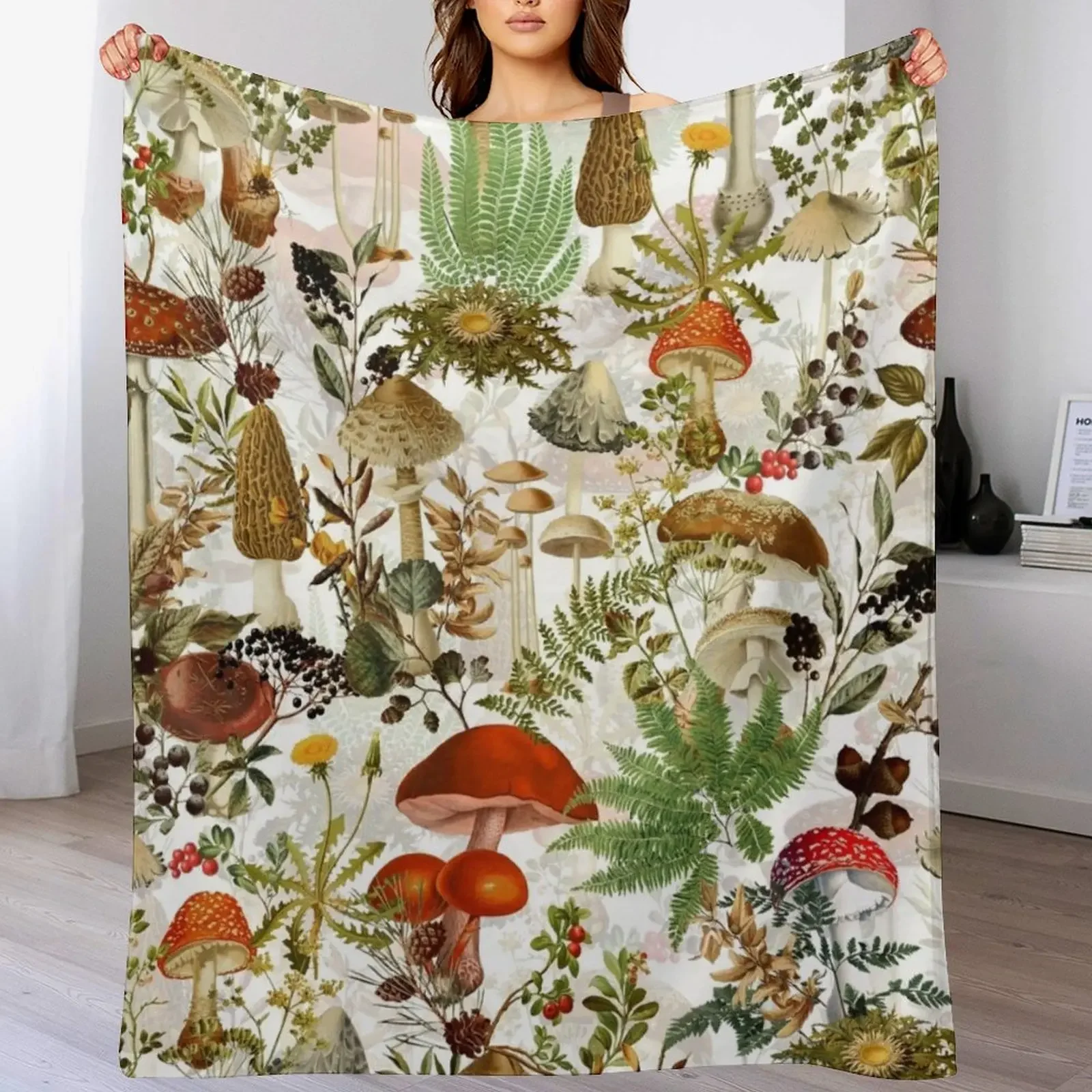 Vintage Midnight Mushrooms Forest Botanical Garden Pattern - White Throw Blanket Stylish Warm Blanket for Living Room Bedroom