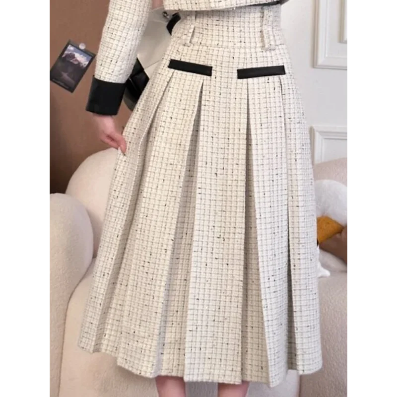 New Autumn Checkered Two-piece Set with Vintage and Elegant Women\'s Jacket+pleated High Waisted A-line Midi Skirt Set