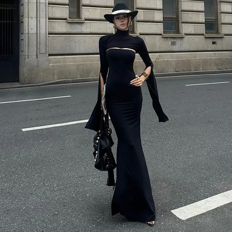 MEXZT Elegante Zwarte Lange Jurk Vrouwen Party Prom Sexy Hollow Out Slit Maxi Jurken Coltrui Gewaad Lange Mouw Bodycon vestidos
