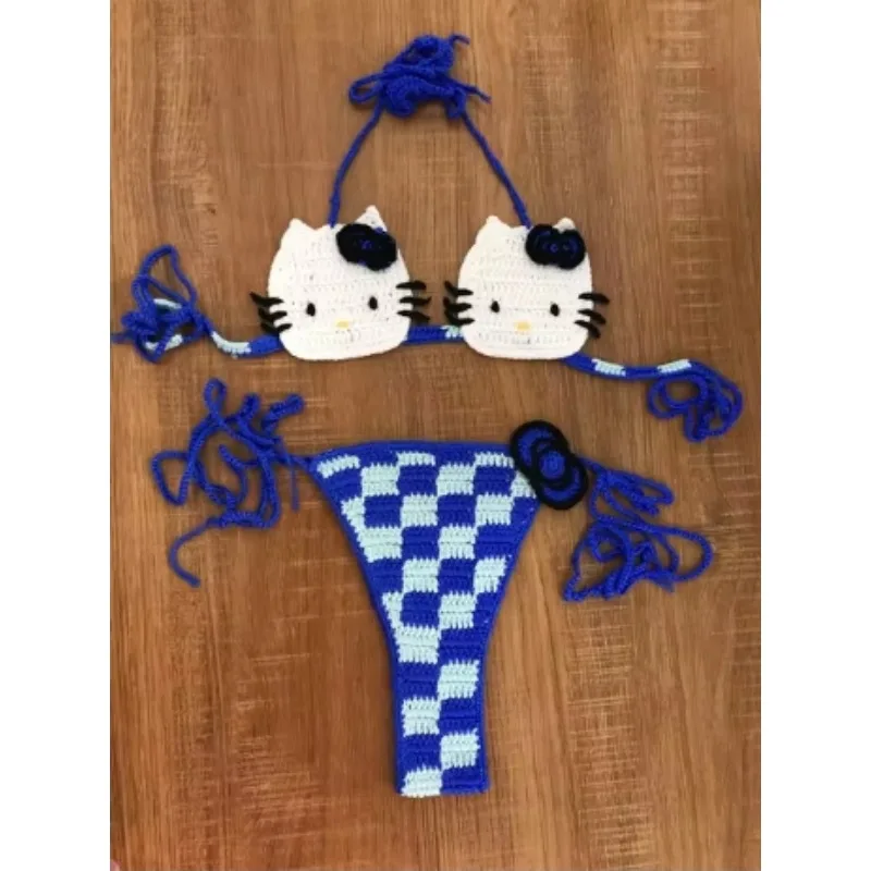 Conjunto de biquíni de crochê fofo da senhora 2 peças maiô sexy micro biquinis 2024 laços maiô tangas roupa de banho das mulheres