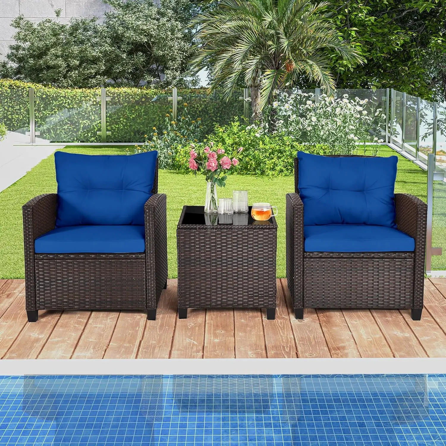 Navy blue rattan wicker 3-piece outdoor bistro set with cushioned rattan chairs and glass coffee table, weatherproof furniture for front porch, balcony, garden, deck and poolside view 2