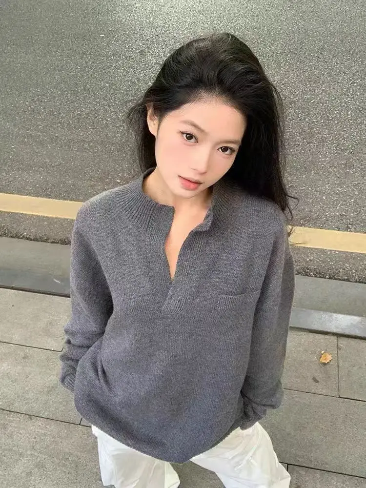 Half-open collar 100 pure cardigan women's European goods loose lazy wind autumn and winter bottoming sweater