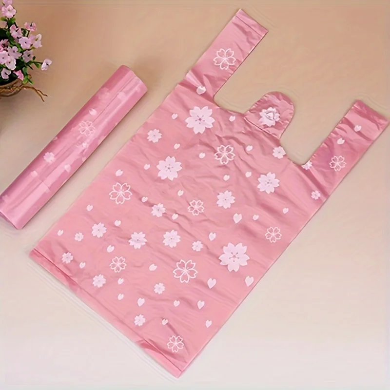 100pcs Hand-Carrying Shopping Packaging Bag Jewelry Gift Vest Bag Cute Pink Sakura Plastic Packaging Bag Home Kitchen Gadgets