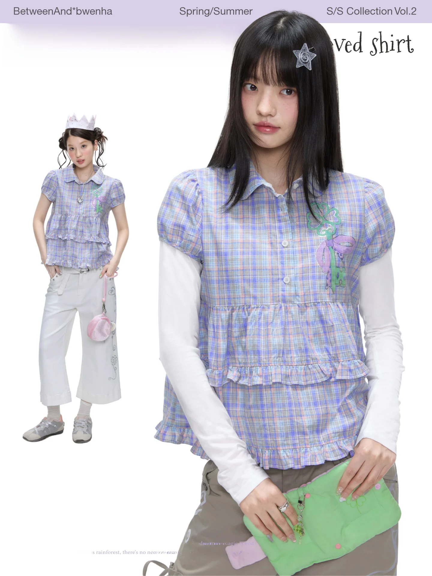 

Летняя женская хлопковая дышащая повседневная рубашка BENAND Lucky Key с фиолетовым клетчатым принтом, воротником «бэби-долл» и коротким рукавом с кружевом