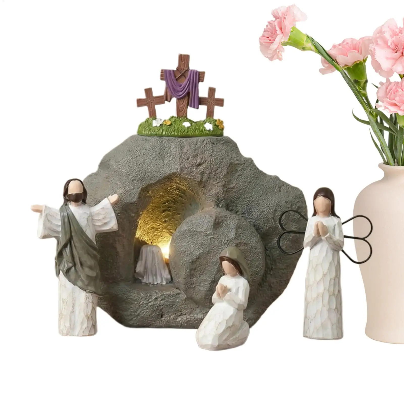 Scène de la Résurrection de Pâques éclairée, ensemble de figurines en résine, tombe vide, cadeaux chrétiens de Pâques pour la décoration intérieure