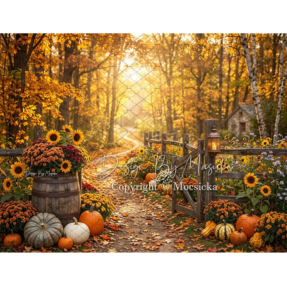 Mocsicka Autumn Forest Path Backdrop Photography Sunflower Pumpkin Fence Lantern Fall Background Family Kid Holiday Studio Photo