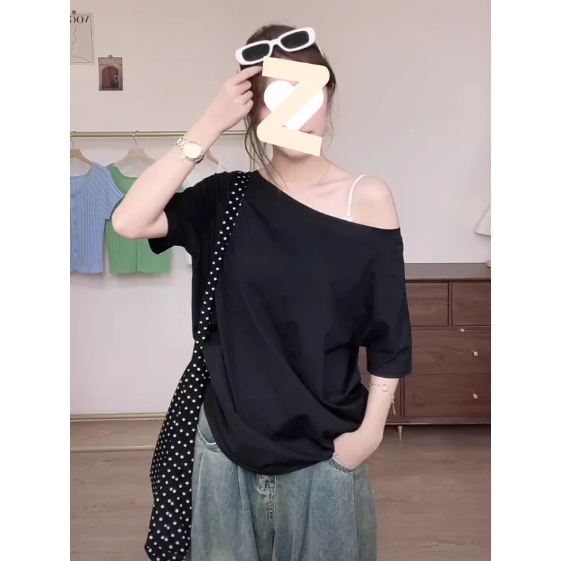 

Off Shoulder T-Shirt Holiday Look Womens Simplicity Hemline Slit Cleanfit Baring Ribbons String Beads Woman'S Spliced Millennial