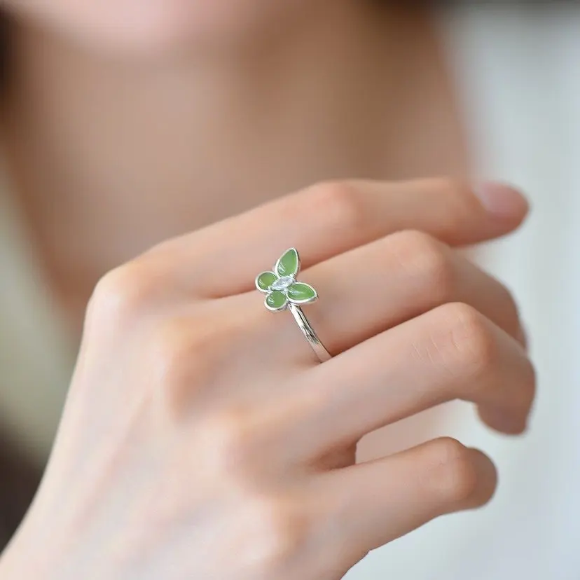 

Natural Hetian jade jasper butterfly ring jade jade ring jewelry gift girlfriend girlfriend 925 silver inlay
