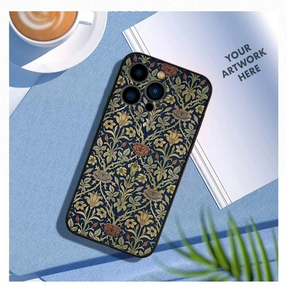 William Morris Strawberry Thief Design Phone Case For iPhone 16,15,14,13,12 Mini 11 Pro XR,XS,MAX Plus Silicone Cover Soft Black