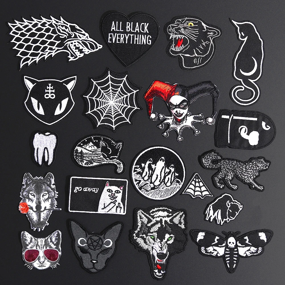 Punk Wolf Leopard Spider Web Patches Black Animal Pokers Rose Wolf Cat Appliques Iron On Bullet Tooth Clothes Jeans Badges