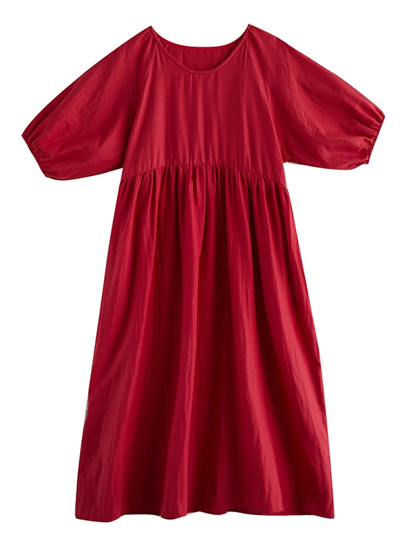 Red Double Layered Lantern Sve Loose Fit round Ne Dr Artistic Simplici Sle Casual Wear Cotton Polyester Long Dr