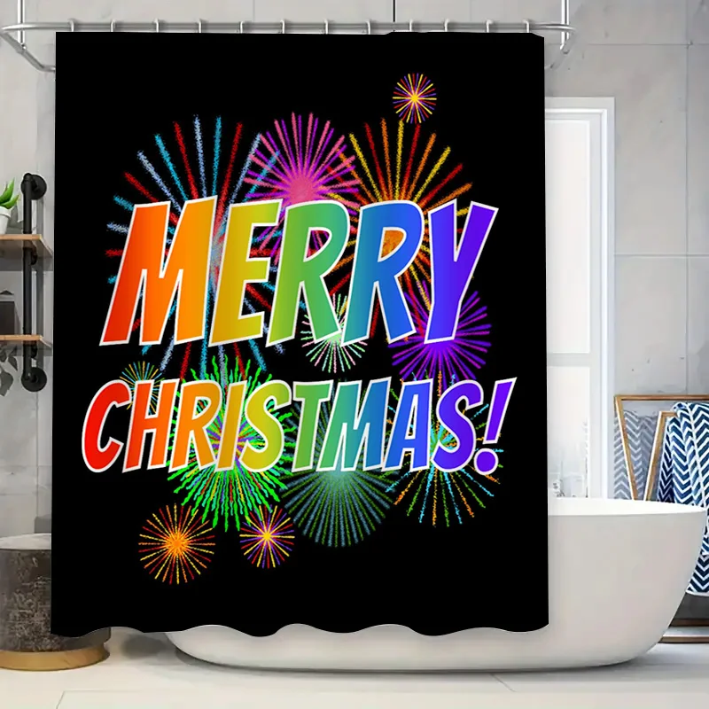 Merry Christmas Shower Curtain with Firework Burst, Multicolor Gradient Text on Black for a Vibrant Holiday Bathroom