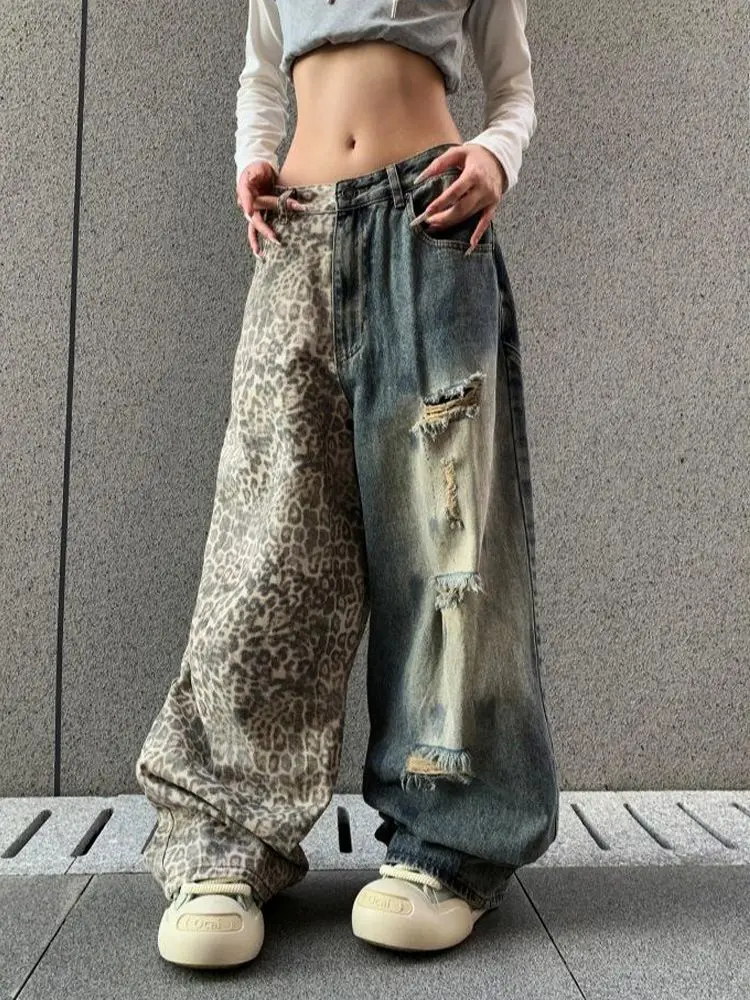 

High Street Design Leopard Print Splicing Jeans Women Spice Girl Retro Washed Ripped Trousers Wide Leg Jeans