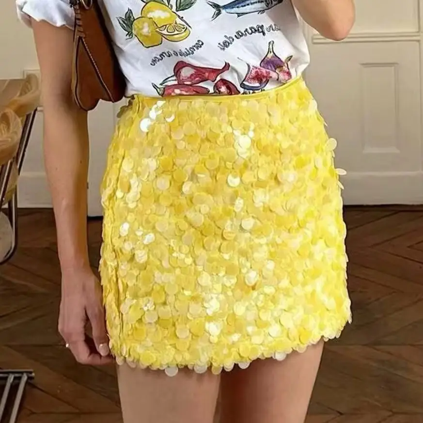 

KONDALA Chic Sexy Y2K Sheath Sequined Woman Luxurious Mini Skirt Fashion 2025 Summer Club Shiny Night Party Birthday Music Skirt