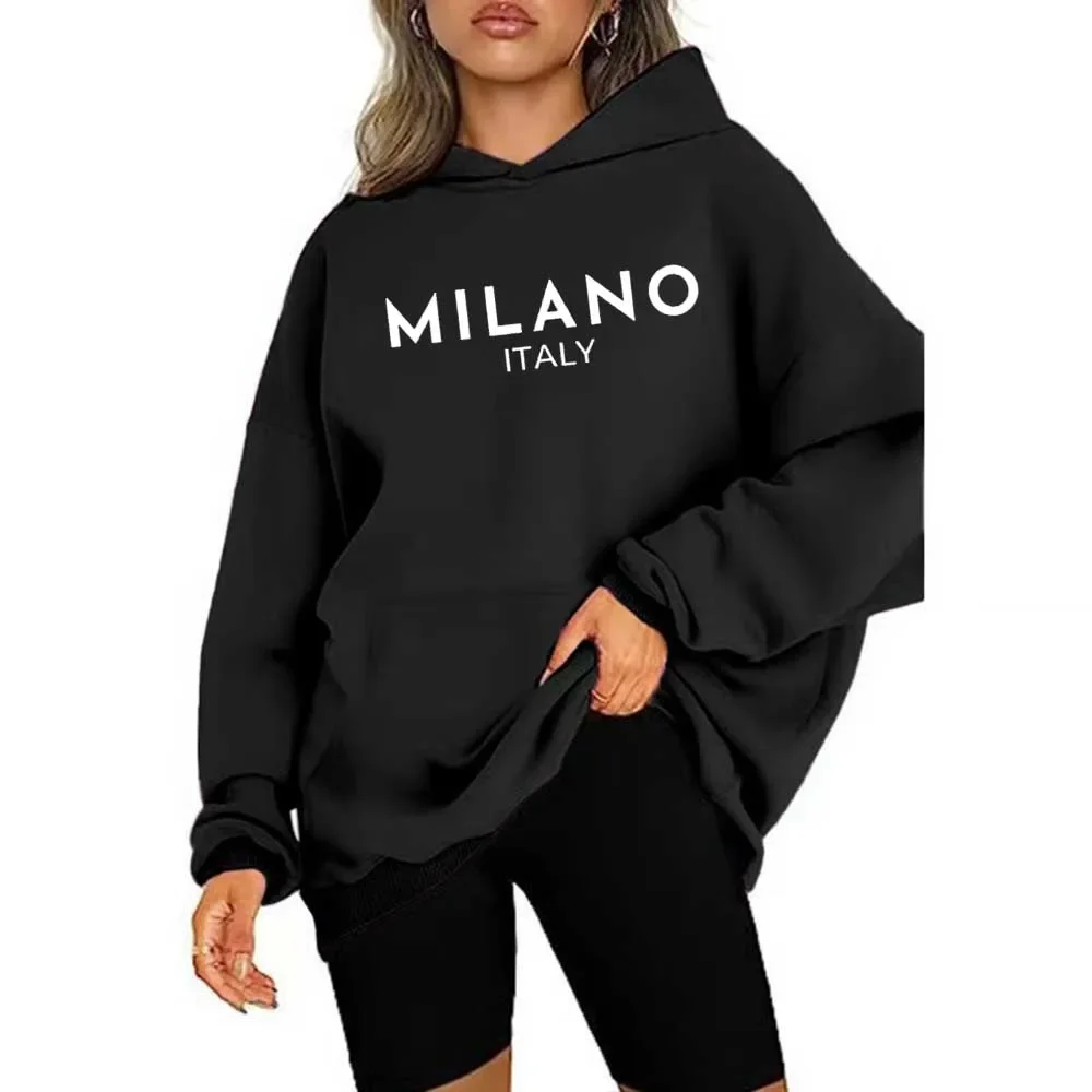 Milano Print Kangaroo Pocket Hoodie, Casual Long Sleeve Drawstring Hoodies Sweatshirt, Women's Clothing