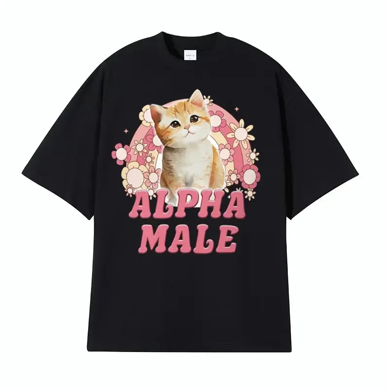 Alpha Men Cute Cat Sweet Rainbow Women's T-shirt Daily Pure Cotton Clothes Girls Casual Tees Comfort Casual Short Sleeve Tops