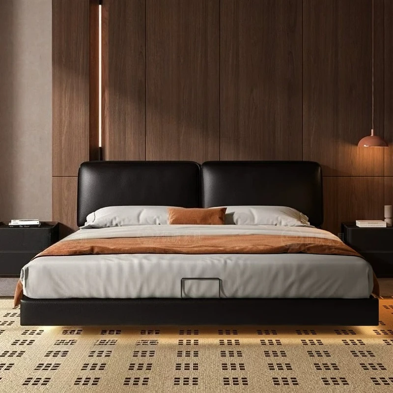 Modern luxury big black cow leather suspended double wedding double bed 2 people bedroom beds and bed frames 180x200cm furniture