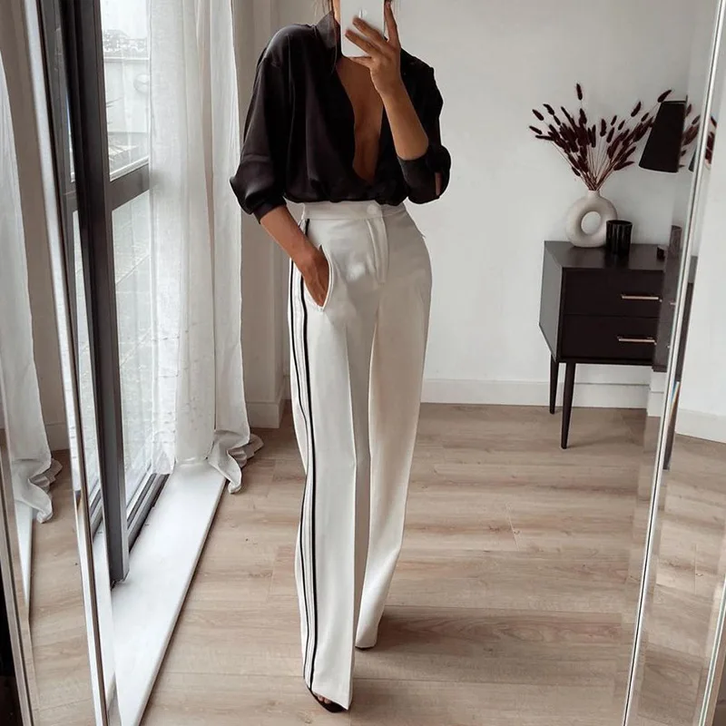 Beach Coverups For Women 2024 Set Summer Loose Trousers Outing Kaftan Swim Wear White Straight Pants Block Color Polyester