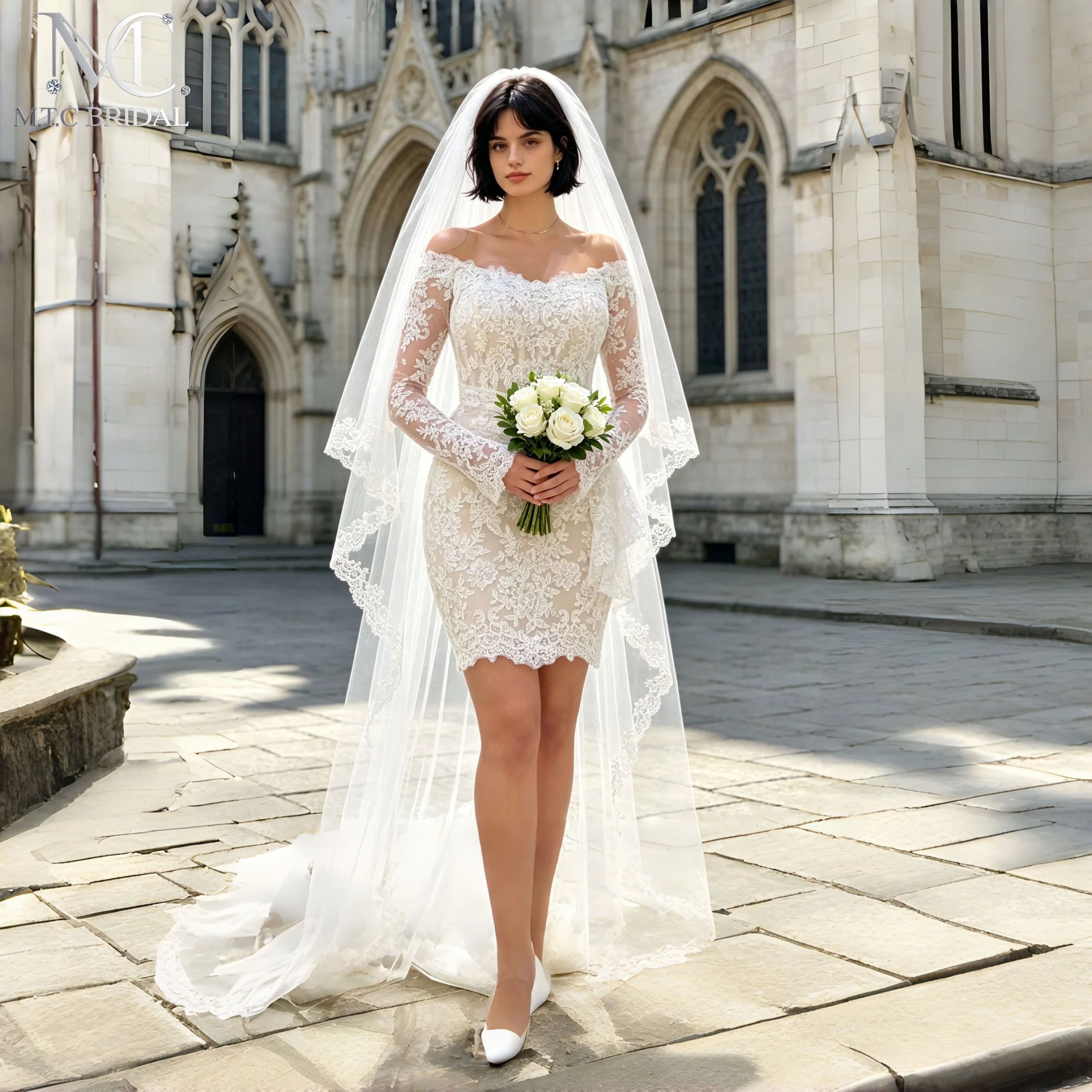Long Sleeve Off Shoulder Short Wedding Dress Lace Sheath Mini Bridal Dress Lace Up Back Reception Robe Vestido De Novia Custom