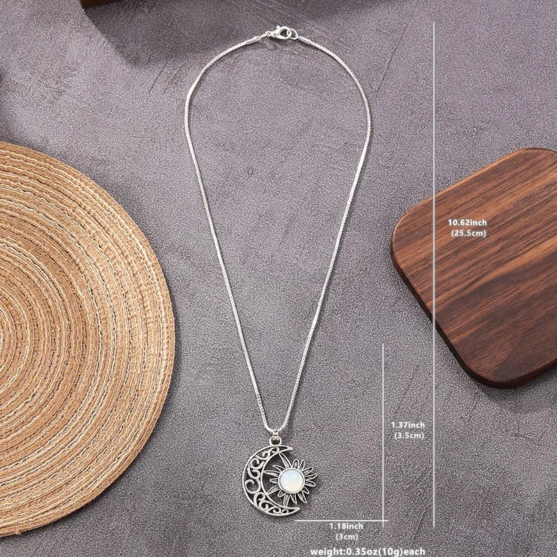 Vintage Silver Color Imitation Moonstone Sun Moon Necklaces for Women Metal Hang Carving Pattern  Party Daily Wear
