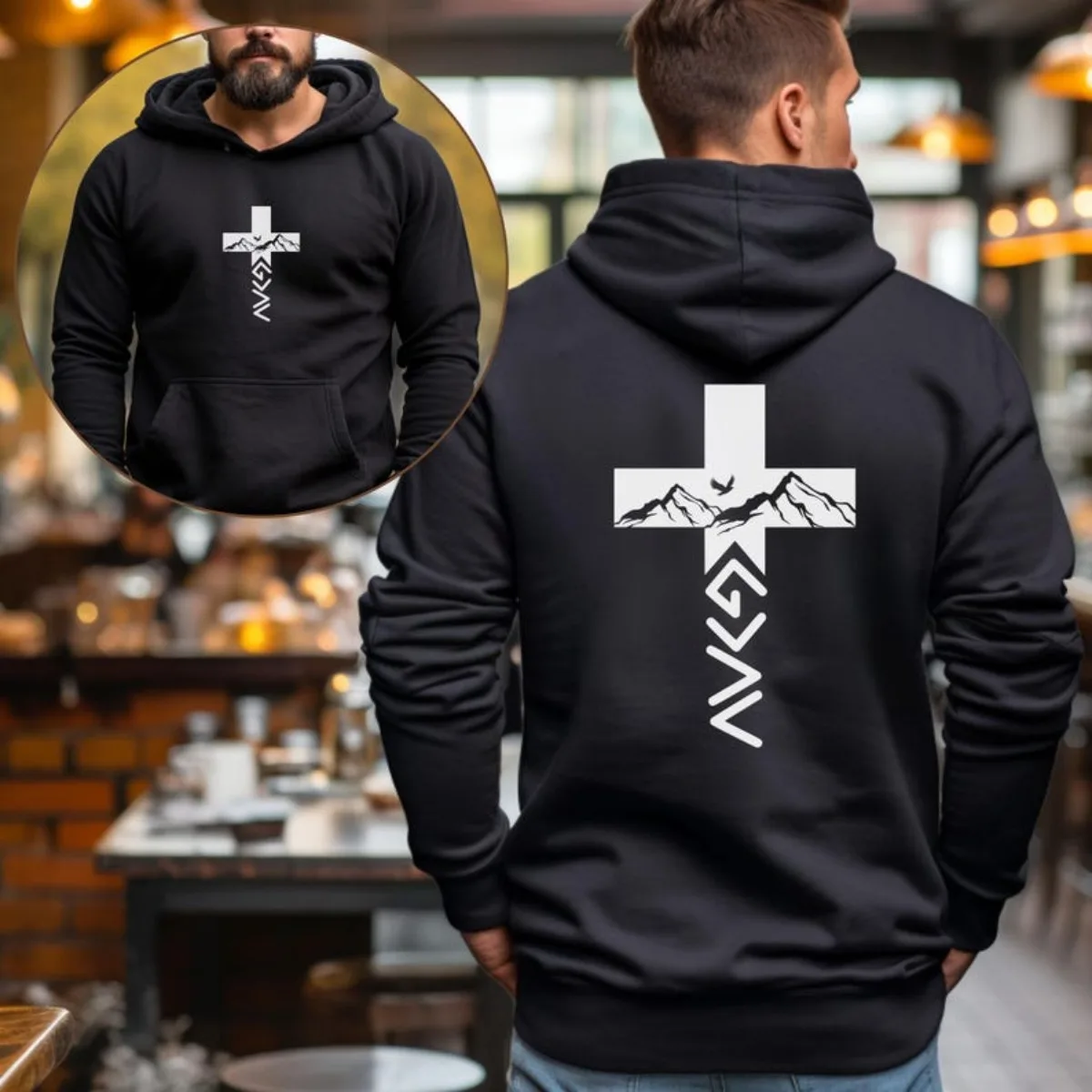 Men's Fashion Casual God Is Greater Trendy Christian Faith Print Pattern Hooded Sweatshirt Sports Thick Fleece Holiday Gift Top