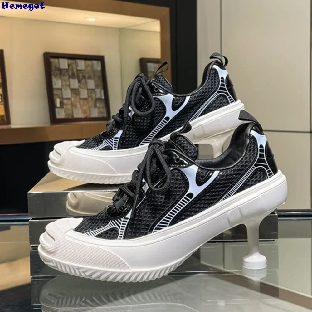 Patchwork Round Toe Thin Heel Sneakers 2025 New Outdoors Lace Up Sports Shoes Mixed Color Fashion Casual Women Slippers
