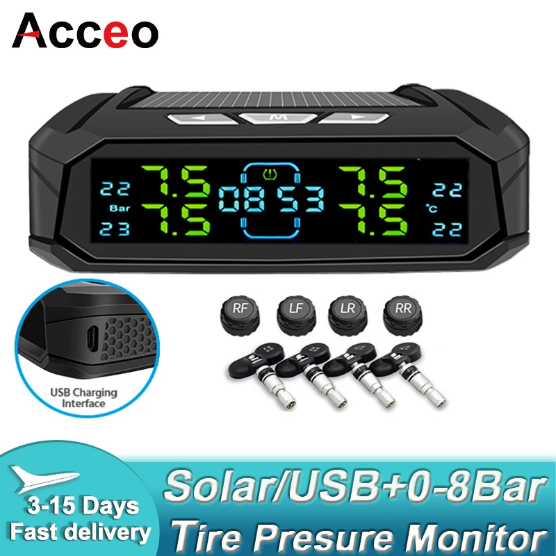 ACCEO Intelligent TPMS Solar Tyre Pressure Monitoring System with Parking Sensors Car Smart Temperature Gauge Safety Alarm