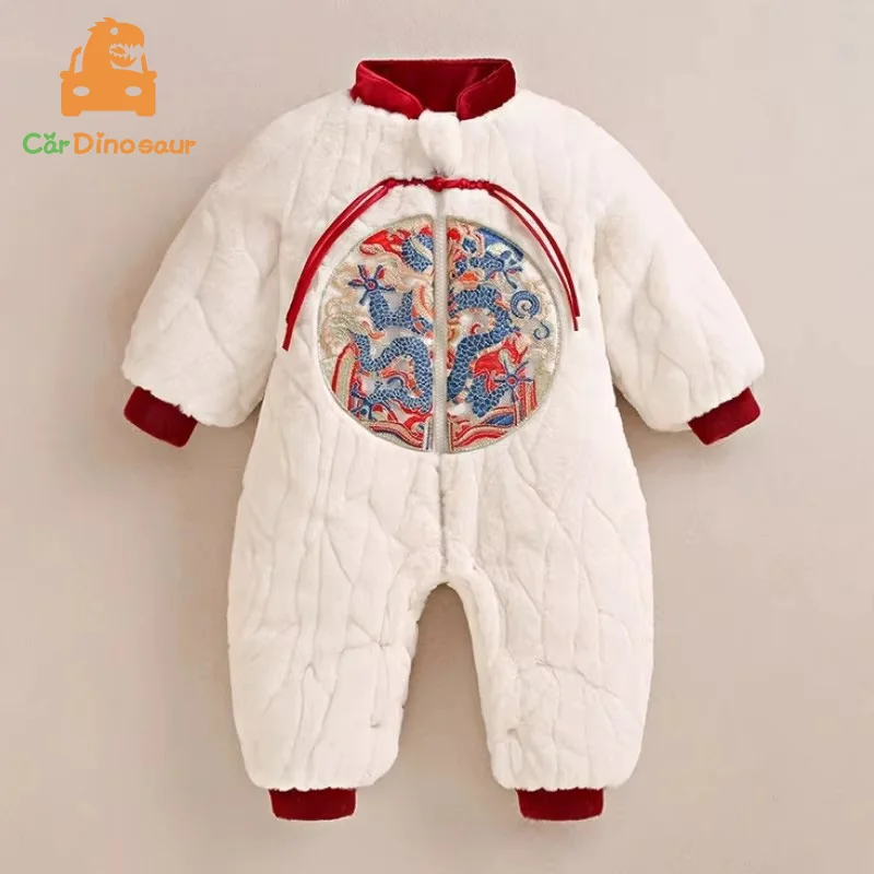 

2025 китайский Новый год, весенний фестиваль, зимний детский комбинезон для мальчиков и девочек, комбинезон с вышивкой для младенцев на первый день рождения, От 0 до 2 лет